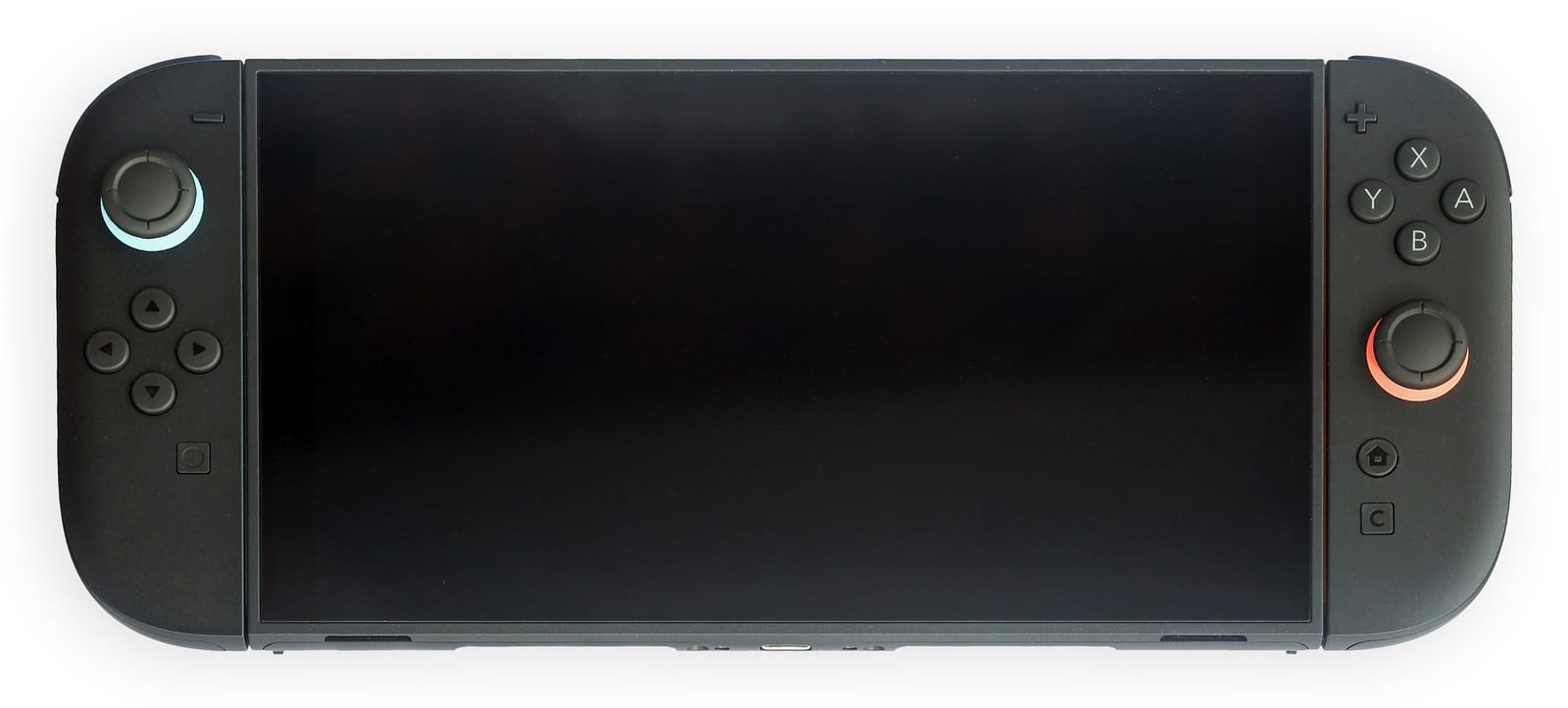 A Nintendo Switch 2 in handheld mode seen from the front, with its screen off and a Joy-Con 2 attached on each side.