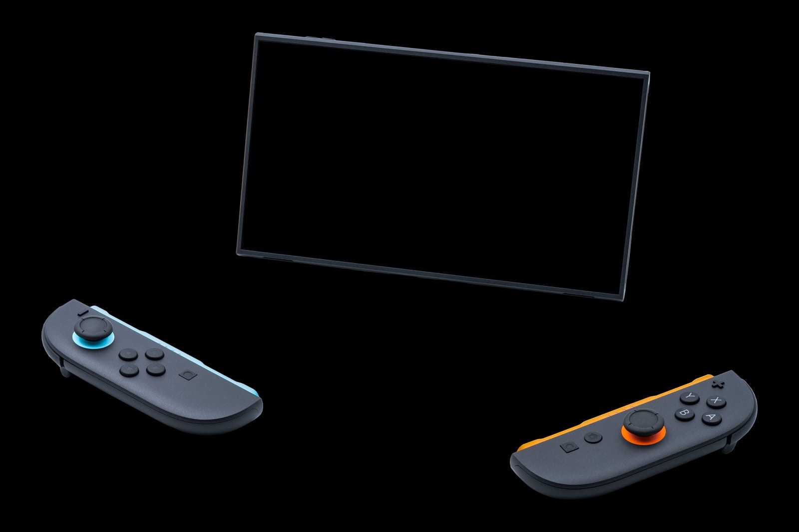 A Nintendo Switch 2 console with a blank screen on a black background, with a blue-accented left Joy-Con 2 and an orange-accented right Joy-Con 2 detached below it.